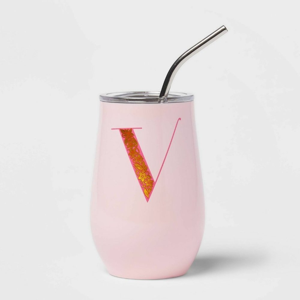 COPY - 11.8oz Stainless Steel "V" Monogram Wine Tumbler with Straw - Opalhouse